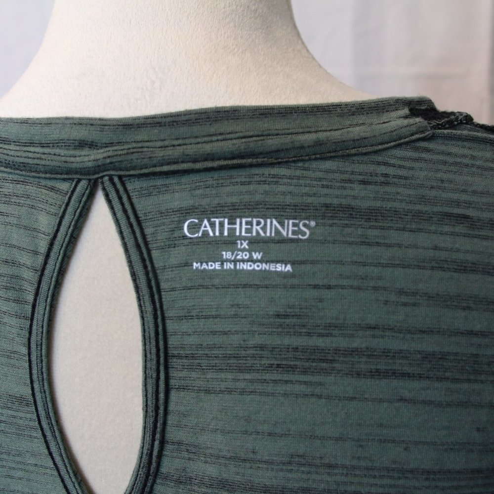 New Catherines 1X Plus Size Green and Black Striped Tee - Picture 3 of 3
